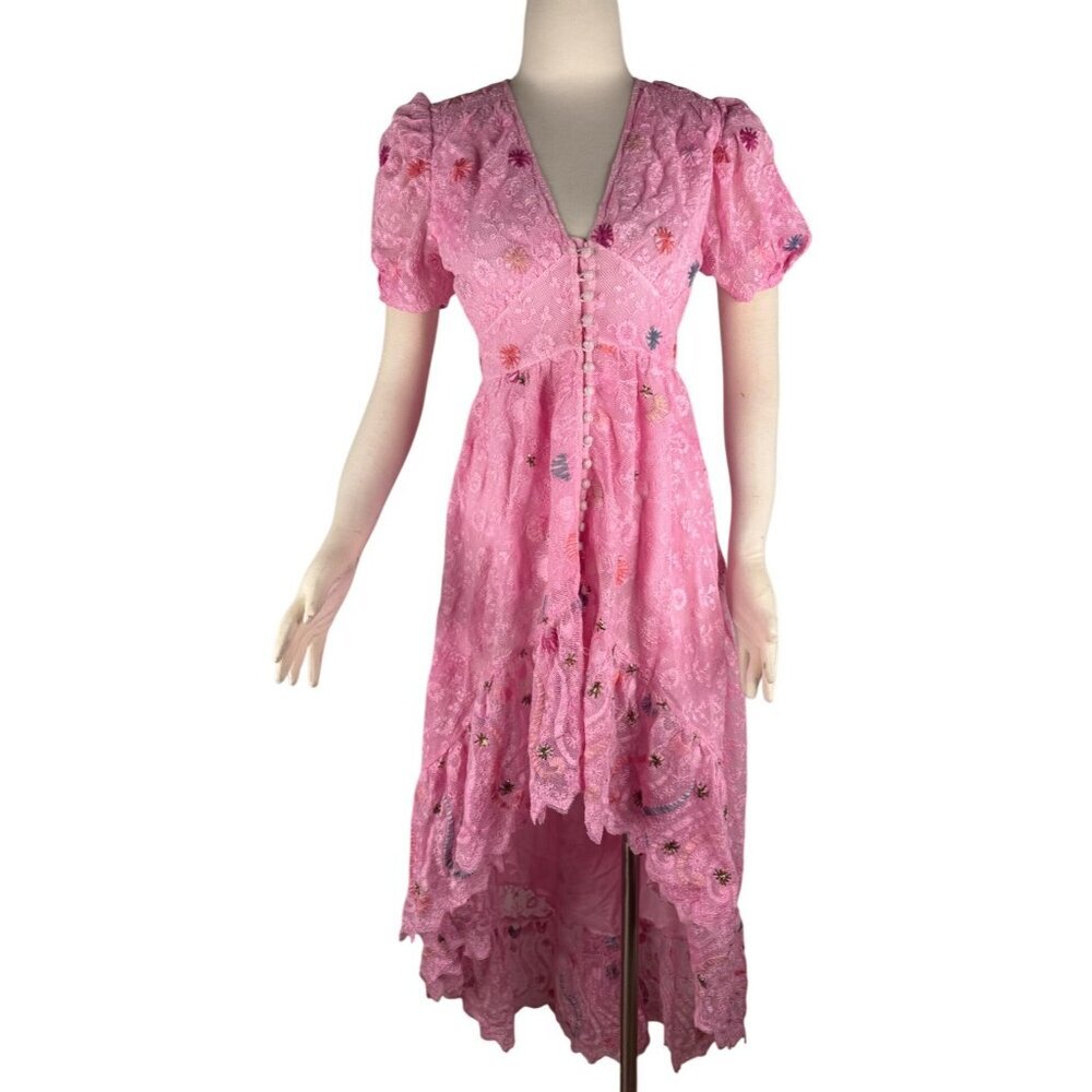 Loveshackfancy Lace Pink Asymmetrical Maxi Dress Embroidered One of a Kind Sz. S